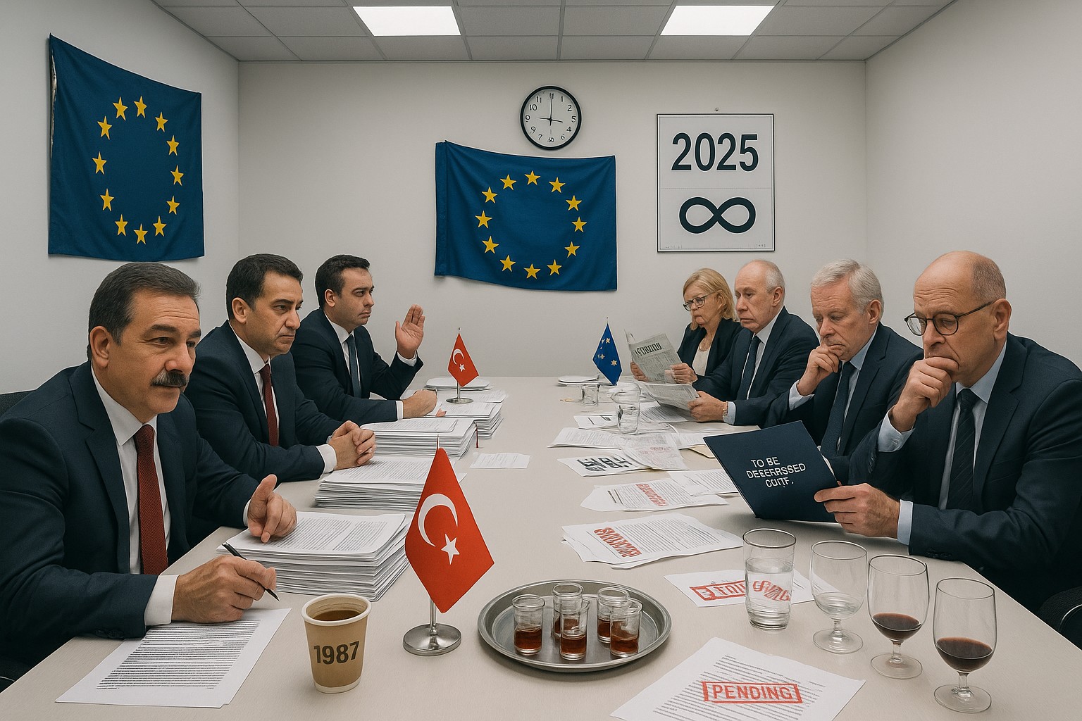 Satirische Darstellung einer EU-Türkei-Verhandlung – die türkische Delegation mit Aktenstapeln und einem Becher „1987“ wirkt wartend, während die EU-Seite Zeitung liest und gelangweilt wirkt; im Hintergrund eine Uhr steht still und ein Kalender zeigt „∞“.