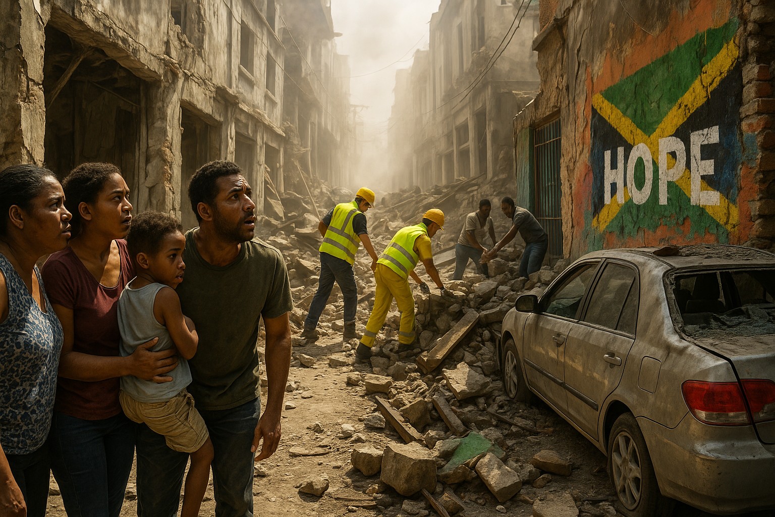 Nach einem Erdbeben in Kingston zeigt das Foto zerstörte Gebäude, Trümmer und Staub, während Anwohner schockiert blicken und Rettungskräfte in gelben Westen Schutt beseitigen. An einer Mauer ist ein Graffiti der jamaikanischen Flagge mit dem Wort „HOPE“ zu sehen.