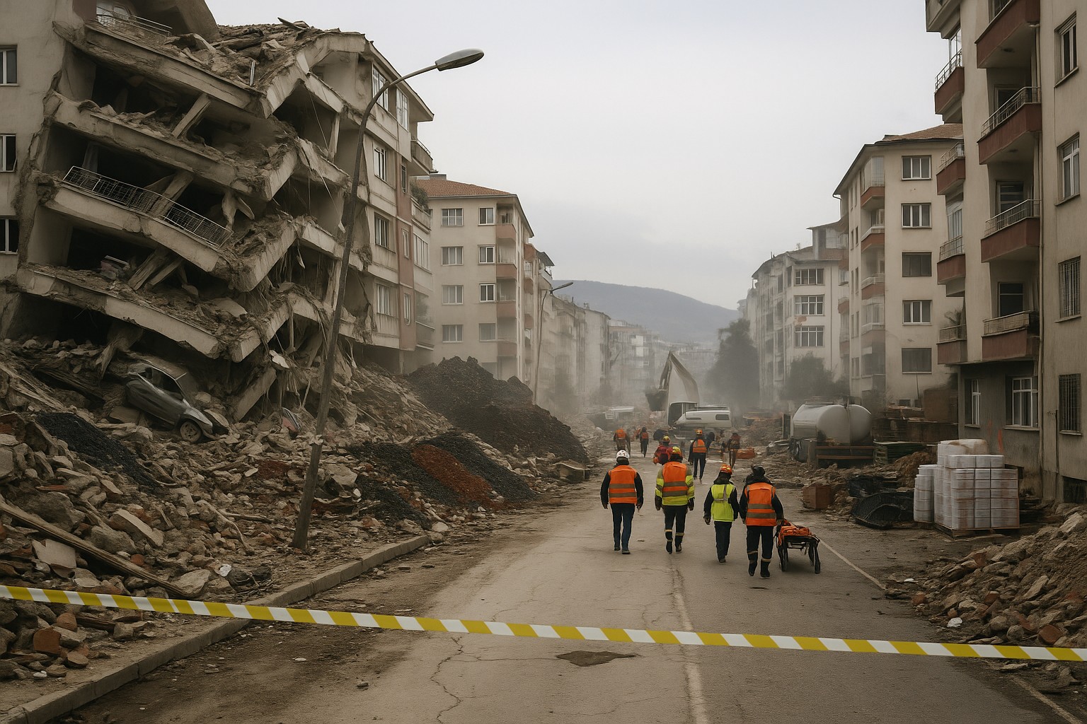 Szene in einer türkischen Stadt nach dem Erdbeben 2023: ein mehrstöckiges Gebäude ist komplett eingestürzt, Trümmer und Schutt liegen auf der Straße, während Rettungskräfte in Warnwesten zwischen den Ruinen nach Überlebenden suchen.