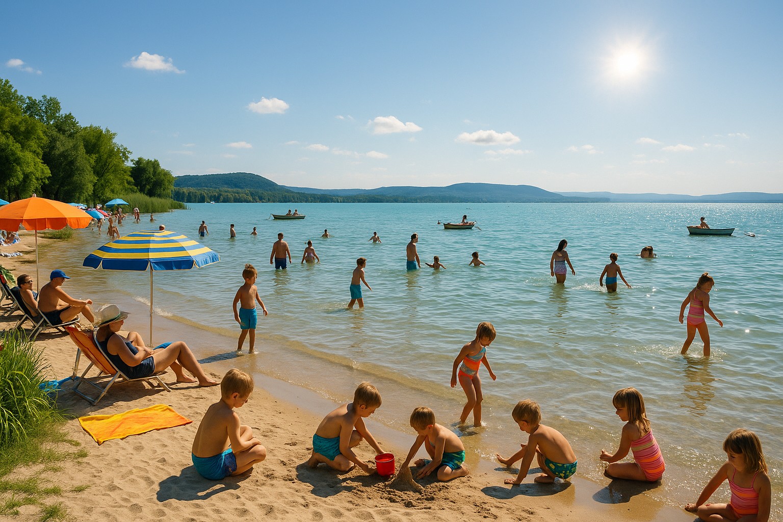 Sommer am Balaton-See in Ungarn: Familien genießen den Strand, Kinder bauen Sandburgen und spielen im flachen Wasser, während Erwachsene unter bunten Sonnenschirmen entspannen.