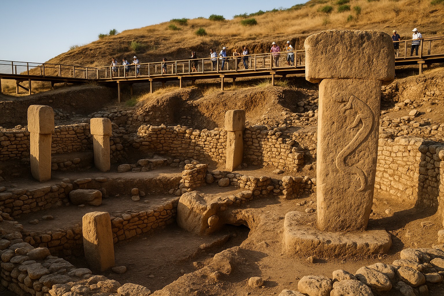 Blick auf die Ausgrabungsstätte Göbekli Tepe nahe Şanlıurfa mit freigelegten T-förmigen Steinsäulen, teils verzierten Reliefs und umliegender Erde, während Besucher auf einem hölzernen Steg das Gelände betrachten.