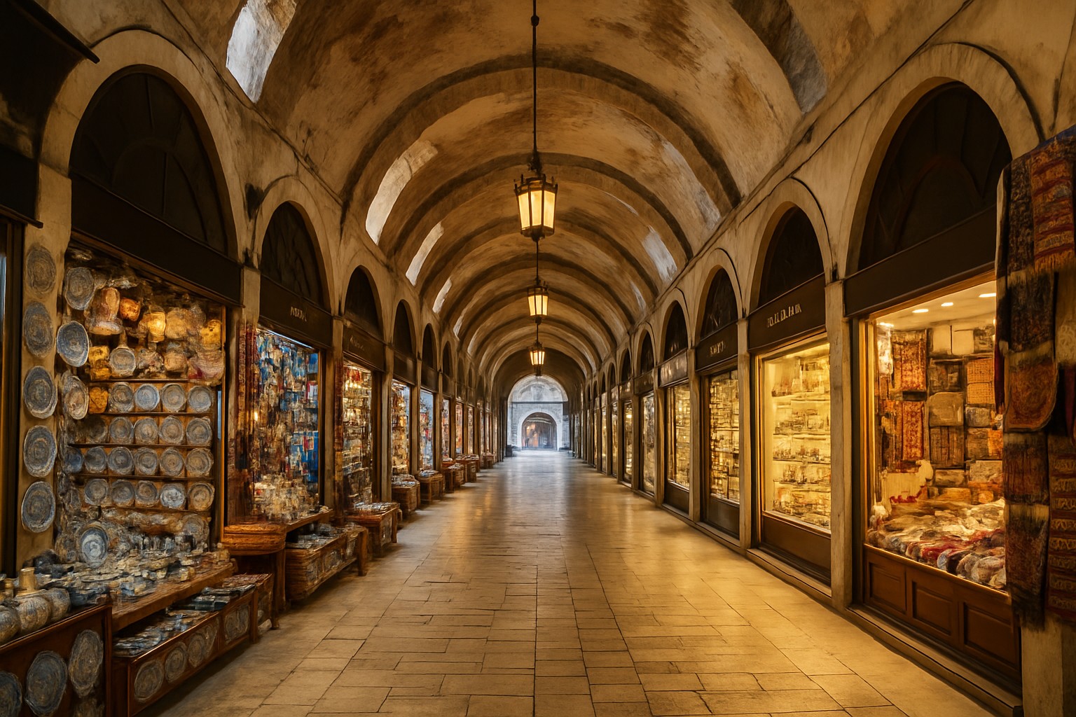 Ein hochauflösendes Foto zeigt den überdachten Großen Basar in Istanbul mit seinen gewölbten Decken, historischen Bögen und bunten Geschäften voller Teppiche, Lampen und Gewürze.