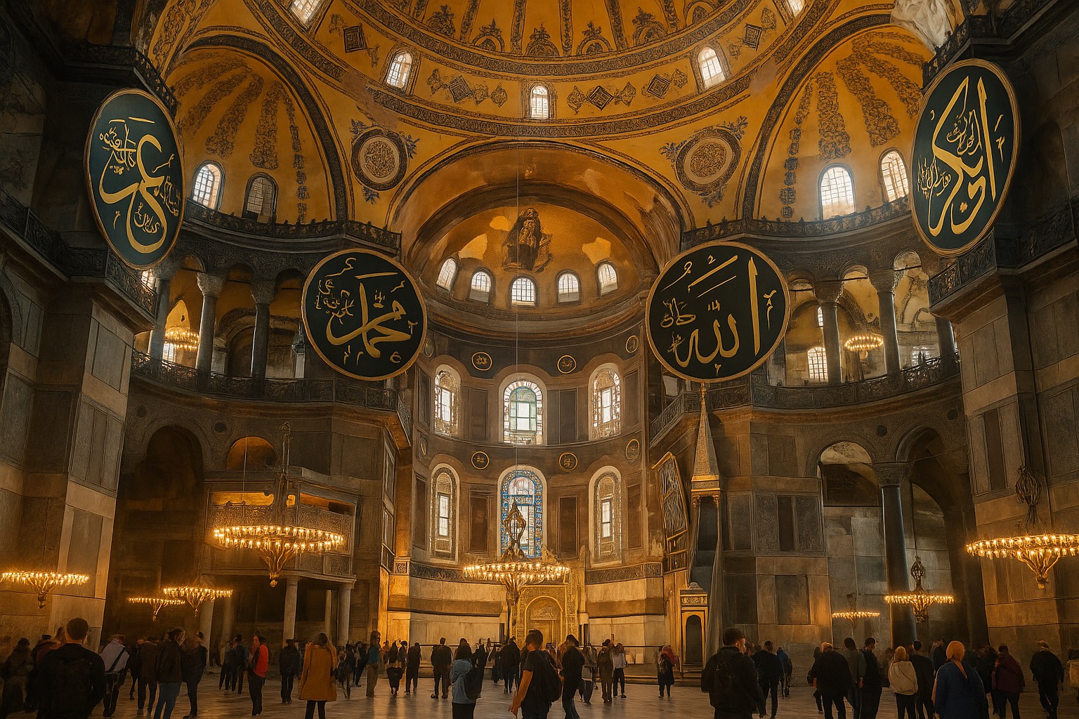 Innenaufnahme der Hagia Sophia in Istanbul mit der großen zentralen Kuppel, goldenen Mosaiken, arabischen Schrifttafeln und Besuchern im Gebetsraum.