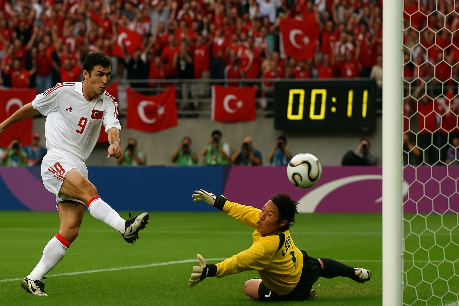 Ein hochauflösendes Foto zeigt Hakan Şükür, der im Spiel um Platz drei der FIFA-Weltmeisterschaft 2002 gegen Südkorea nach nur 10,89 Sekunden das schnellste Tor der Turniergeschichte erzielt.