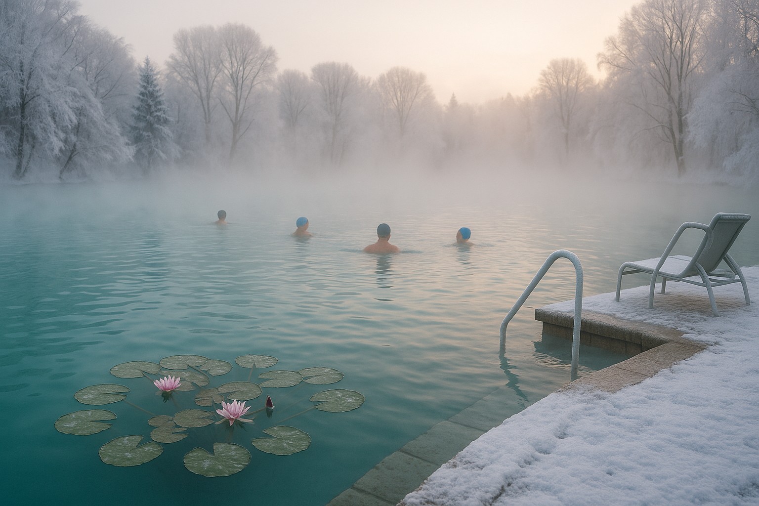 Thermalbad Hévíz im Winter mit dampfendem türkisfarbenem Wasser, Schwimmern mit Badekappen und schneebedeckten Ufern, während rosa Seerosen auf der Oberfläche treiben.