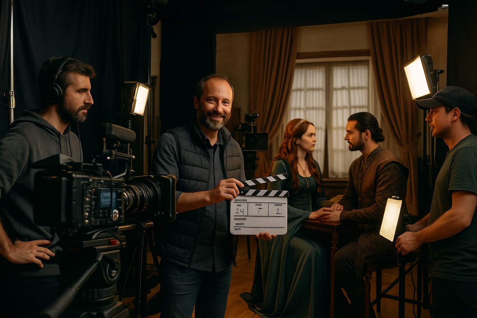 Eine hochauflösende Aufnahme zeigt ein Filmset einer türkischen historischen Dramaserie. Ein Regisseur mit Filmklappe steht im Vordergrund, während Schauspieler in traditionellen Kostümen eine Szene spielen. Beleuchtung, Kameras und Crew-Mitglieder sind deutlich sichtbar.