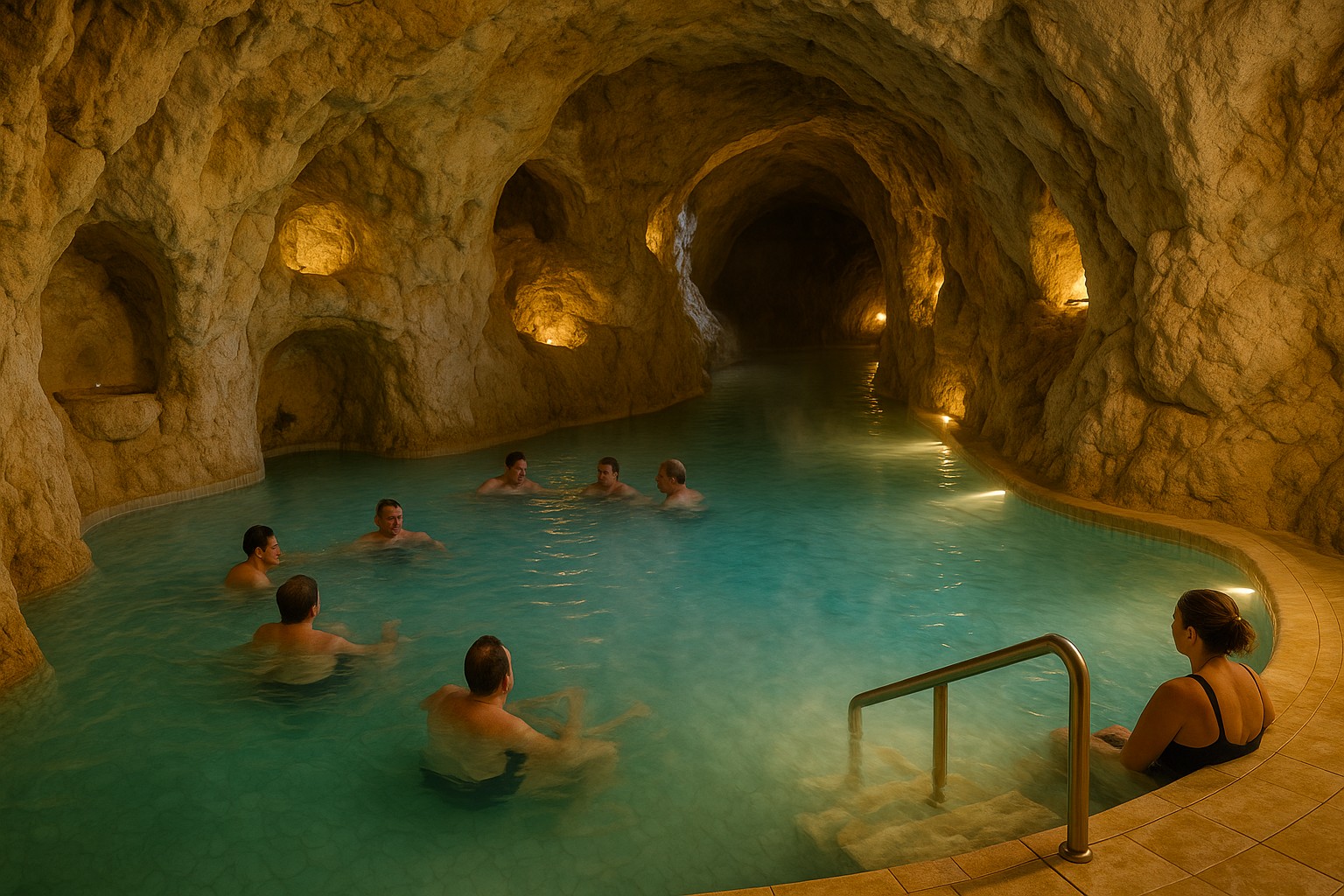 Thermalbad in Miskolctapolca mit türkisblauem Wasser in einer natürlichen Kalksteinhöhle, Besucher entspannen im warmen Becken, während sanftes Licht die Felsen erhellt.