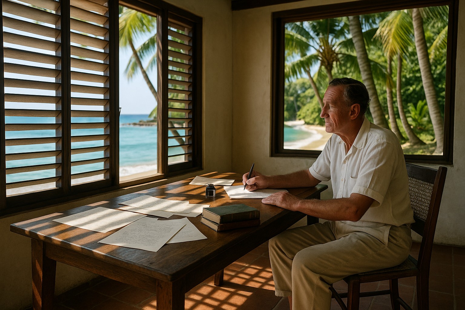 Ian Fleming sitzt barfuß an einem hölzernen Schreibtisch in seiner Villa GoldenEye in Jamaika, während hinter den Jalousien der türkisfarbene Ozean und Palmen zu sehen sind.