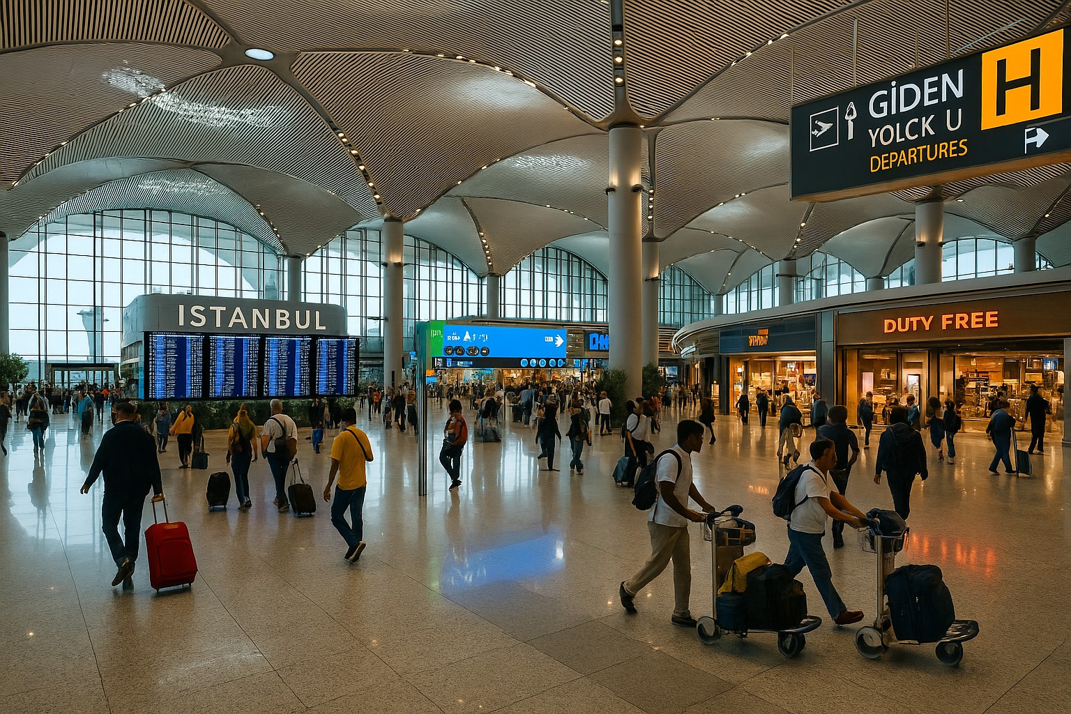 Innenansicht des modernen Istanbuler Flughafens mit hohen Decken, hellen Glasfassaden, Reisenden mit Gepäck und großen Anzeigetafeln für Abflüge.