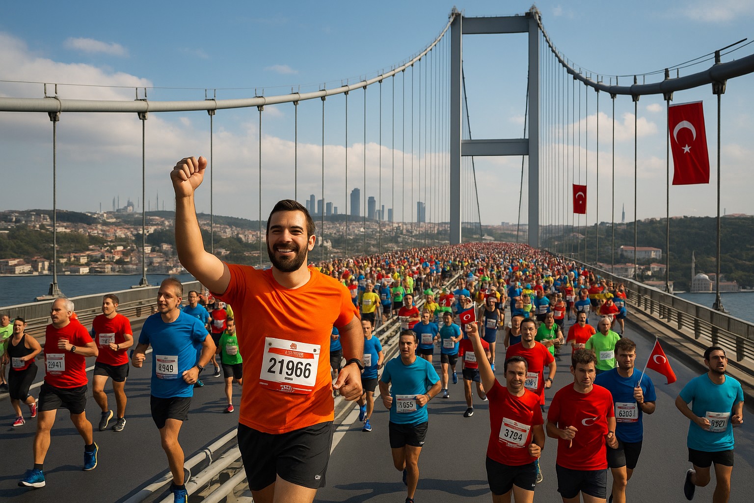 Marathonläufer überqueren die Bosporus-Brücke in Istanbul, mit türkischen Fahnen am Geländer und der Skyline der Stadt im Hintergrund.