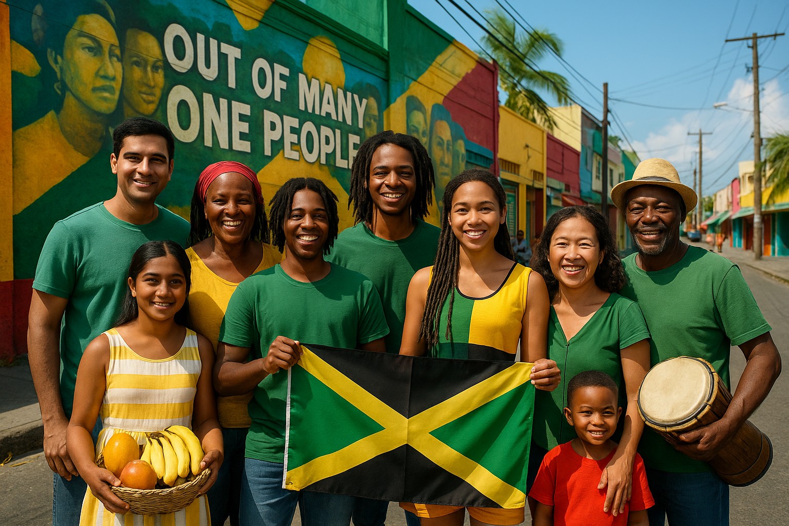 Eine vielfältige Gruppe von Jamaikanern unterschiedlicher Herkunft steht lächelnd vor einem farbenfrohen Wandgemälde in Kingston mit dem Motto „Out of Many, One People“.