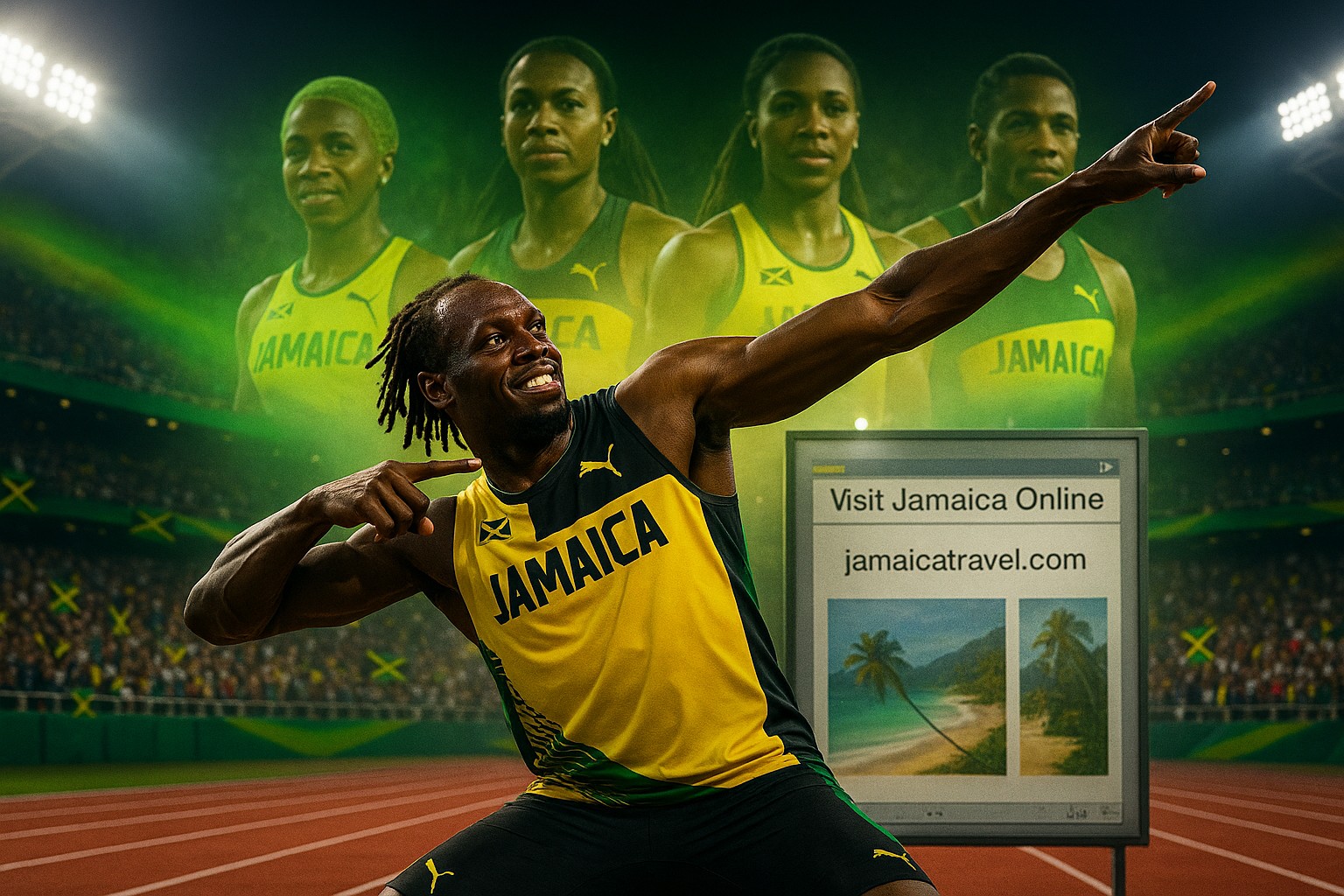 Usain Bolt in ikonischer „Lightning Bolt“-Pose auf der Laufbahn, hinter ihm leuchtende Darstellungen weiterer jamaikanischer Sprintlegenden in einem voll besetzten Stadion.
