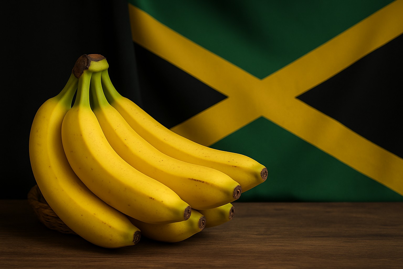 Ein Bund reifer, gelber Bananen liegt in einem Korb auf einer Holzoberfläche, während die jamaikanische Flagge im Hintergrund sichtbar ist.