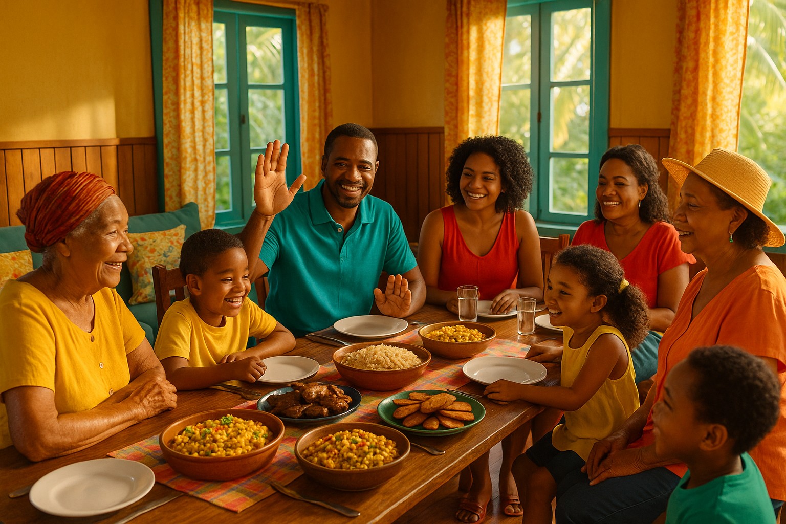 Eine erweiterte jamaikanische Familie sitzt lachend um einen Holztisch voller traditioneller Gerichte, während goldenes Nachmittagslicht durch die Fenster scheint.
