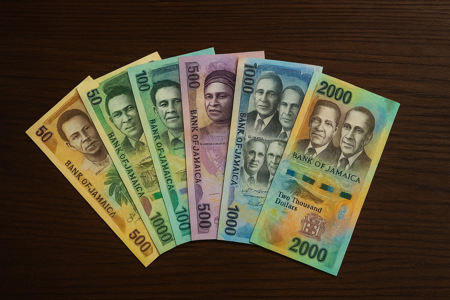 Jamaikanische Banknoten in verschiedenen Nennwerten, fächerförmig auf einem dunklen Holztisch angeordnet, zeigen Porträts nationaler Helden wie Nanny of the Maroons und Samuel Sharpe.