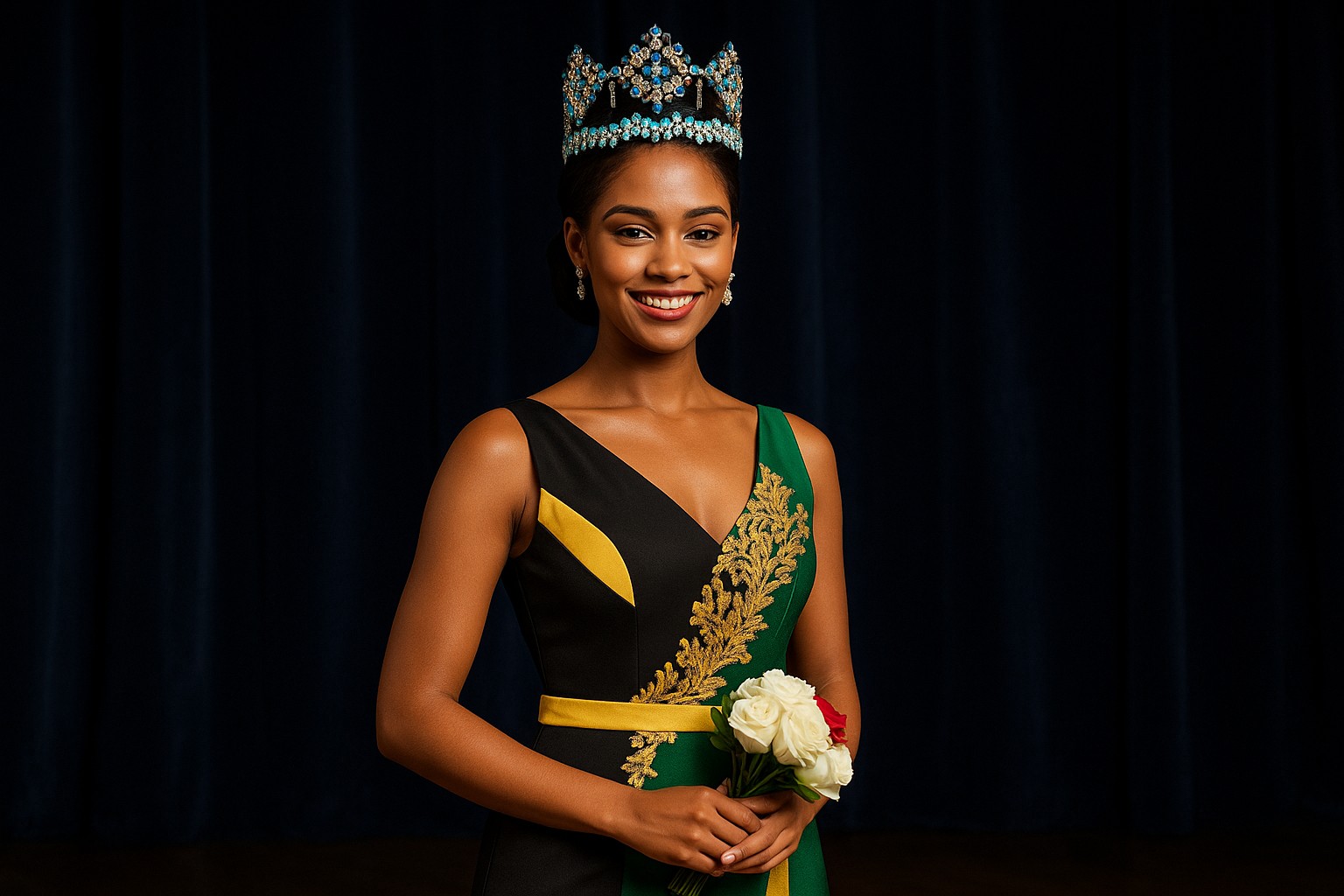 Eine junge Jamaikanerin trägt eine funkelnde Krone und ein elegantes Kleid in Schwarz, Grün und Gold, inspiriert von der jamaikanischen Flagge, und hält einen Strauß Rosen.
