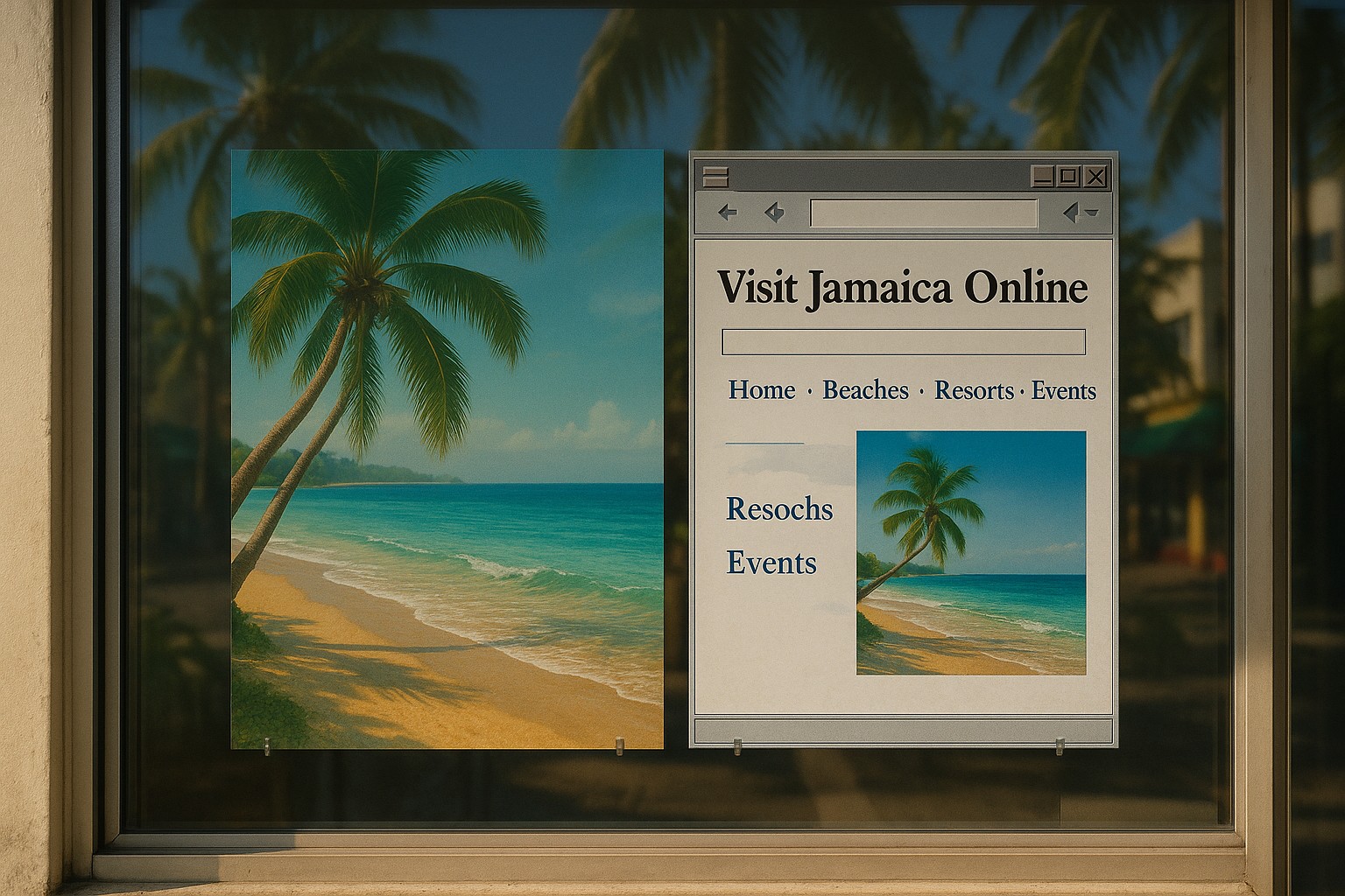 Schaufenster eines jamaikanischen Reisebüros mit zwei Postern – links ein Strandmotiv, rechts eine Retro-Webbrowser-Grafik mit „Visit Jamaica Online“ und Links wie „Home, Beaches, Resorts, Events“.