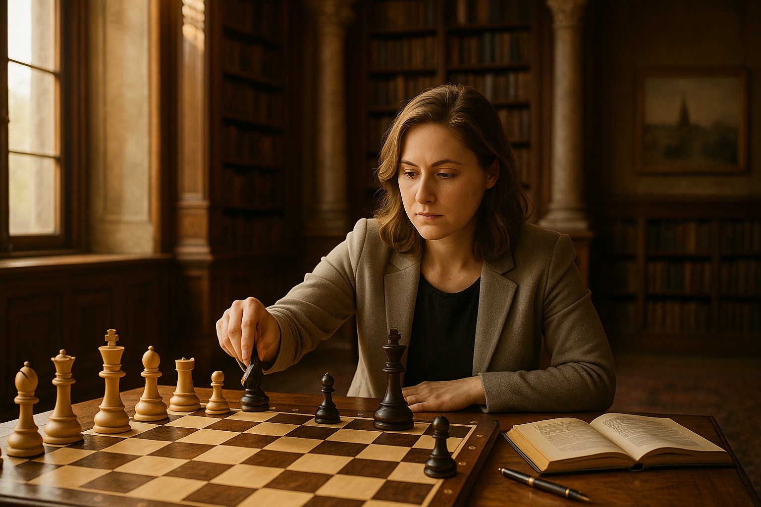 Porträt von Judit Polgár in einer klassischen Bibliothek, konzentriert über ein Schachbrett mit Figuren, warmes Licht fällt durch das Fenster, ein geöffnetes Buch liegt daneben.