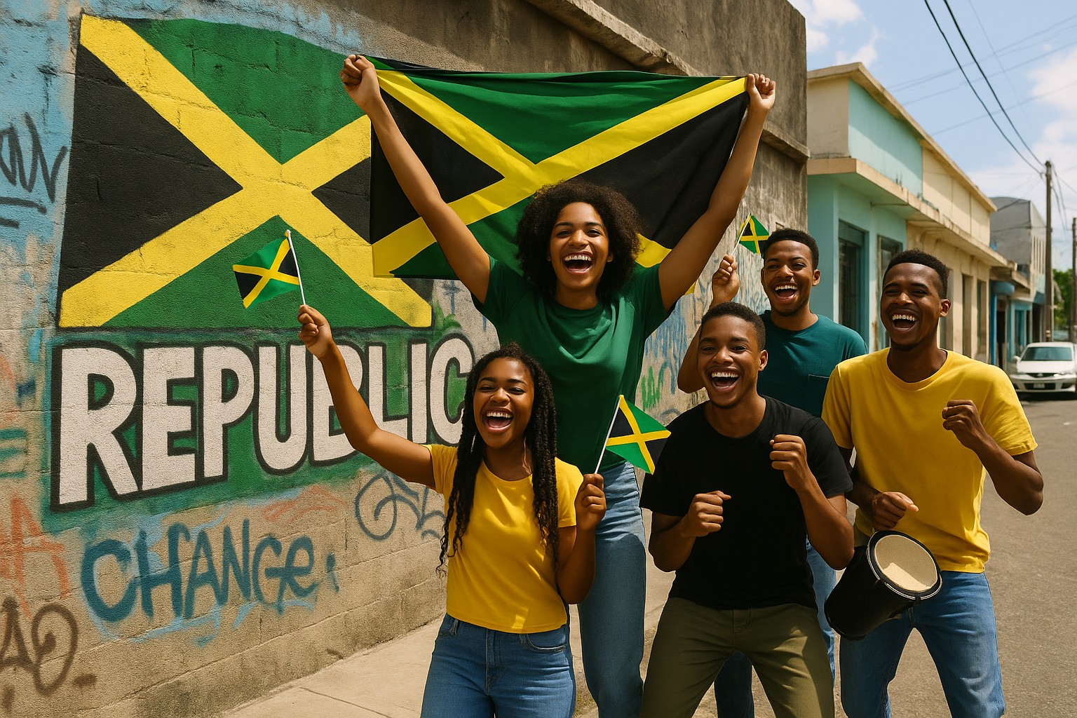 Eine Gruppe junger Jamaikaner feiert vor einem Graffiti mit der Flagge Jamaikas und dem Wort „REPUBLIC“, während sie Fahnen schwenken und jubeln.