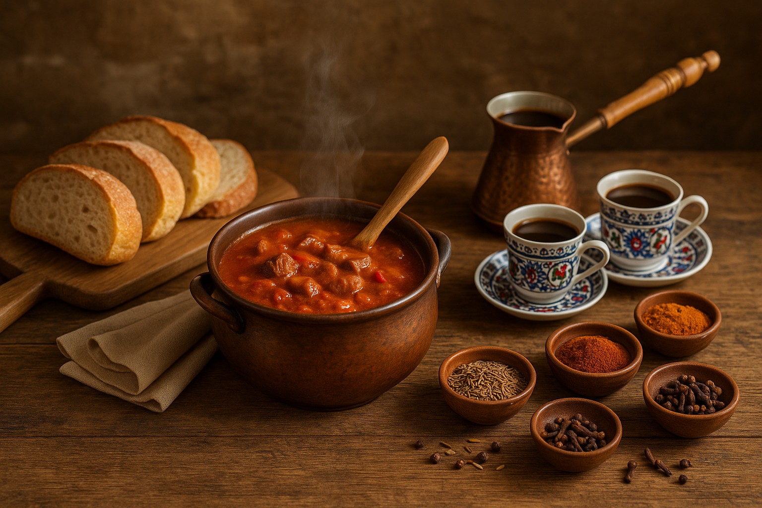 Ungarisches Gulasch in einem Kupfertopf mit dampfendem Eintopf, serviert neben Brotscheiben, türkischen Mokkatassen und Schalen voller Gewürze auf einem rustikalen Holztisch.