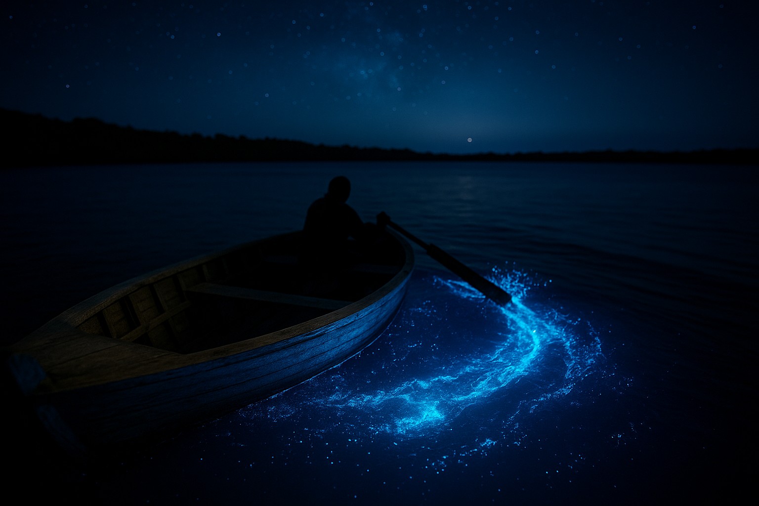 Ein kleines Holzboot treibt nachts im Luminous Lagoon in Jamaika, während das Eintauchen des Ruders biolumineszierendes blaues Leuchten im Wasser erzeugt.