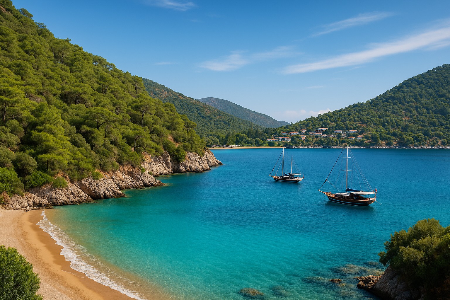 Ein hochauflösendes Foto zeigt eine mediterrane Bucht an der türkischen Türkisküste mit türkisblauem Wasser, goldenem Sandstrand, üppig grünen Hügeln und zwei traditionellen Gulets, die im ruhigen Wasser ankern.