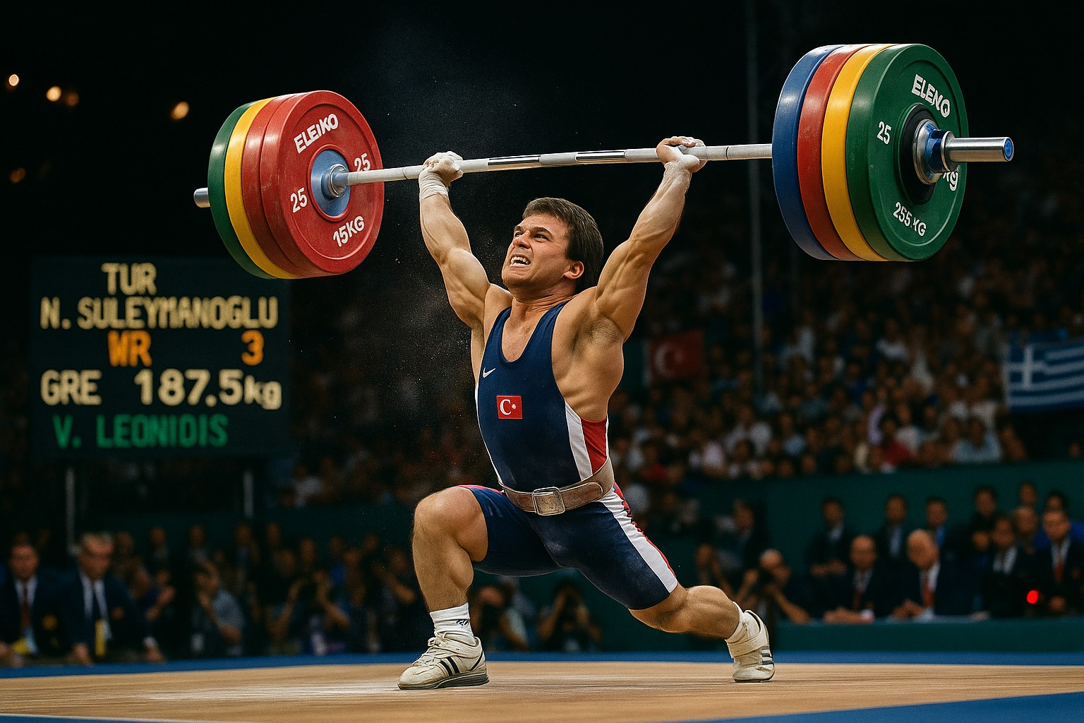 Naım Süleymanoğlu, bekannt als "Taschen-Herkules", hebt während der Olympischen Spiele in Atlanta 1996 eine schwere Hantel, umgeben von einer jubelnden Menge und Nationalflaggen.