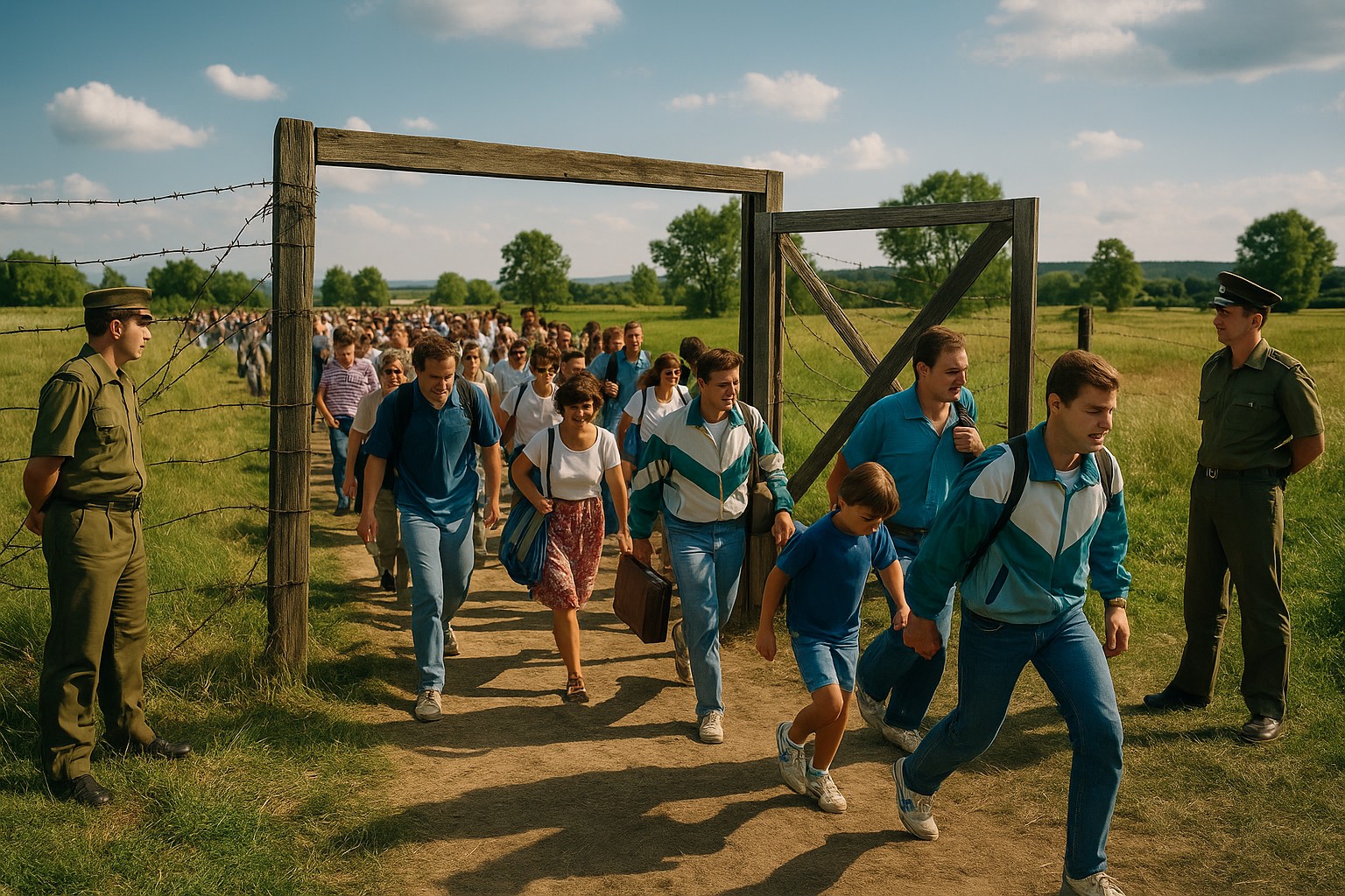 Ostdeutsche Bürger strömen im August 1989 durch ein geöffnetes Grenztor bei Sopron nach Österreich, während ungarische Grenzsoldaten seitlich stehen und zusehen.