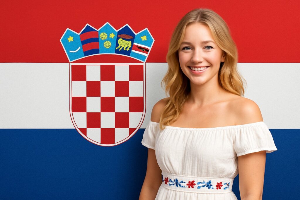 Junge Kroatin mit blonden, leicht gewellten Haaren im weißen Off-Shoulder-Sommerkleid, lächelnd vor der kroatischen Flagge mit zentralem Schachbrett-Wappen und fünfteiliger Krone.