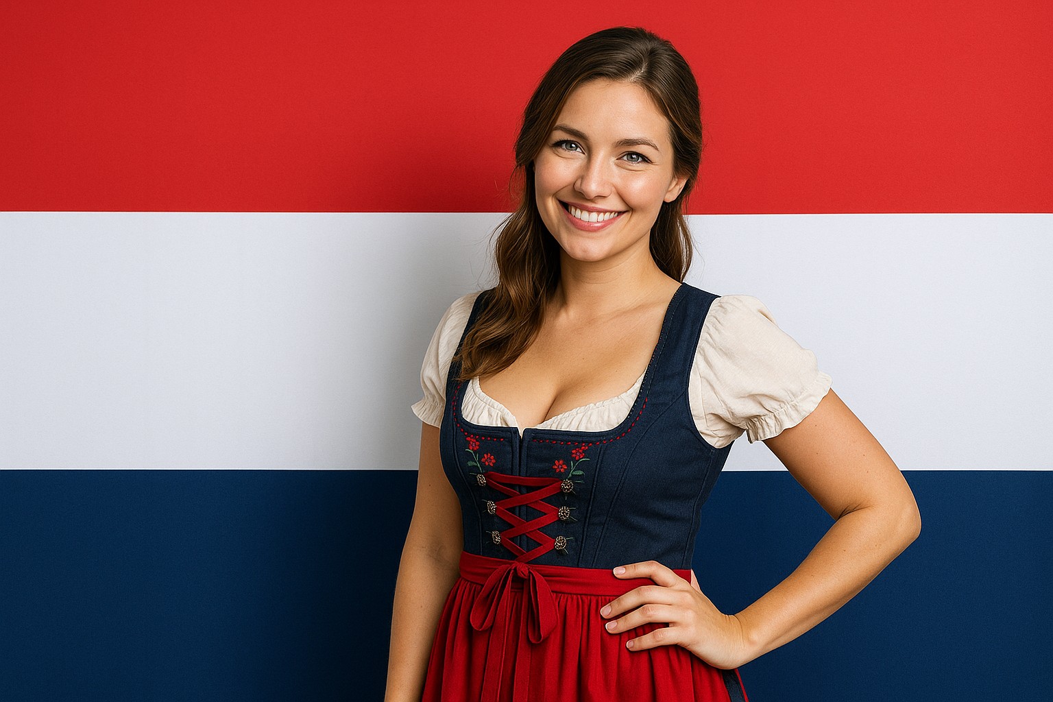 Porträt einer jungen Österreicherin im Dirndl vor der Flagge