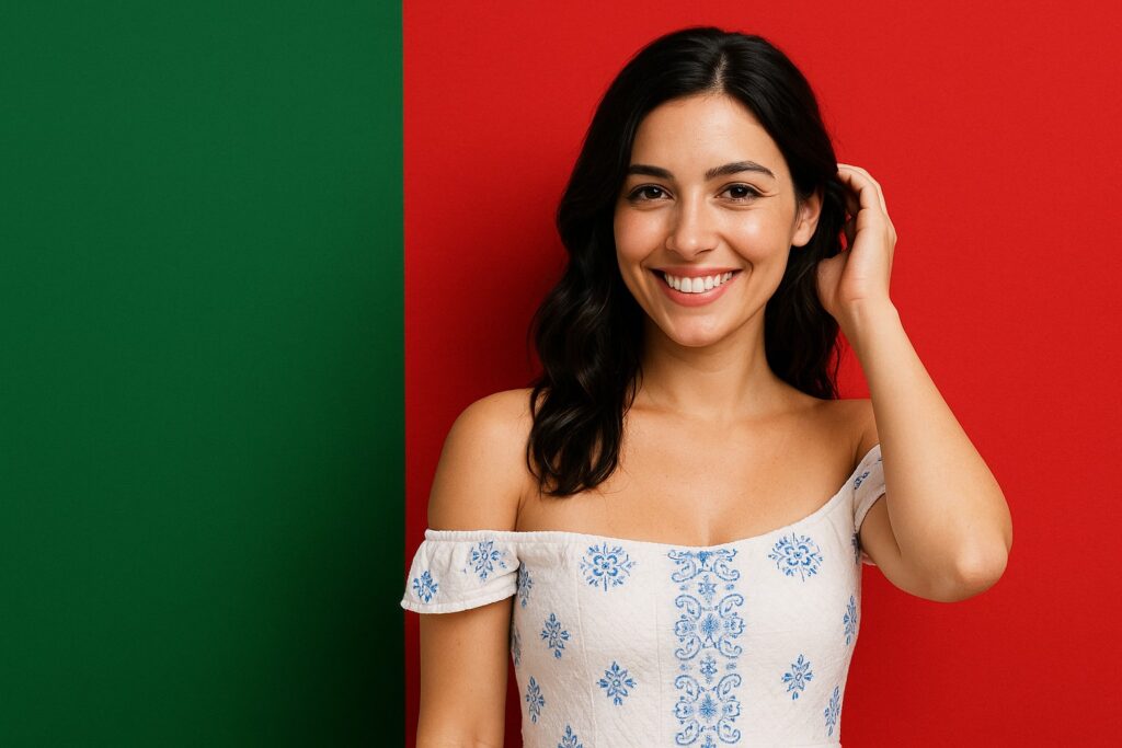 Junge Portugiesin mit dunklem, leicht gewelltem Haar und warmem Lächeln, in einem weißen Off-Shoulder-Sommerkleid mit dezentem Azulejo-Muster in Blau, vor der portugiesischen Flagge (grün–rot, flach ohne Wappen).