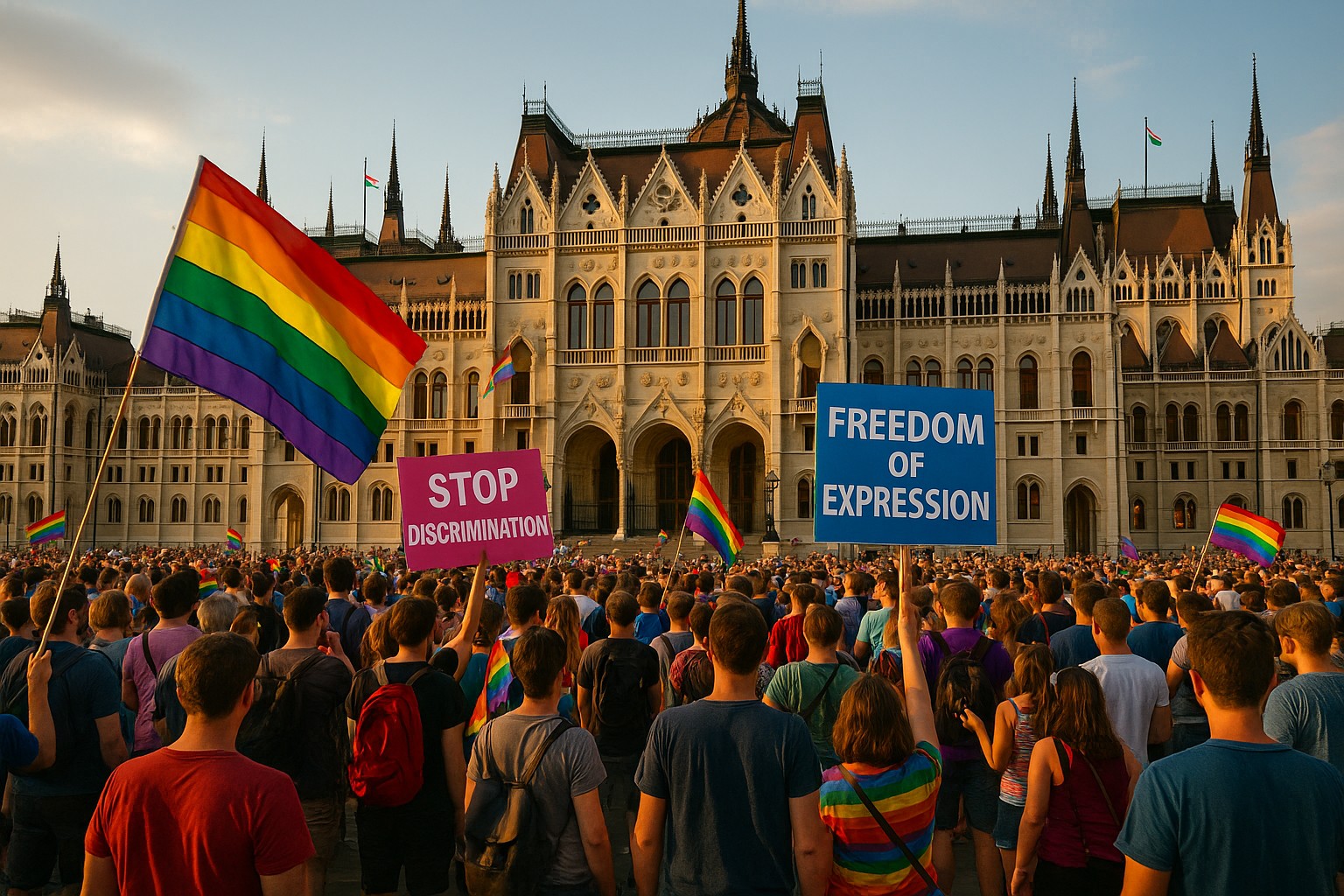Demonstration vor dem ungarischen Parlament in Budapest mit Regenbogenflaggen und Schildern wie „Stop Discrimination“ und „Freedom of Expression“ im Abendlicht.