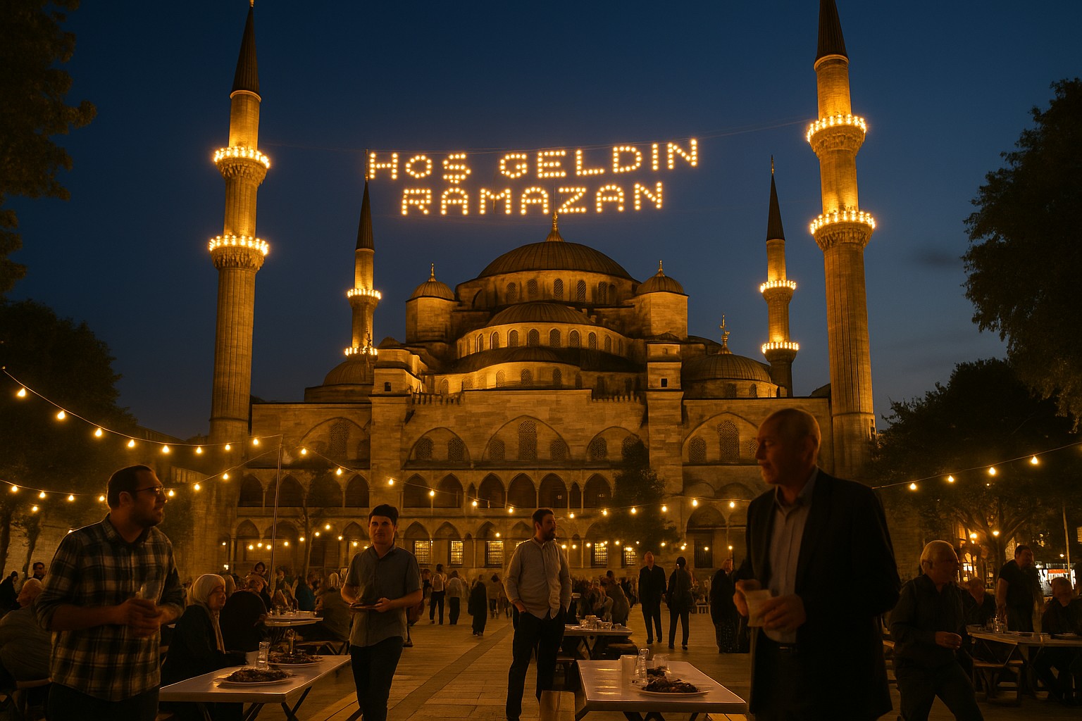Ramadan evening in Istanbul with illuminated "Hoş Geldin Ramazan" lights strung between the minarets of the Blue Mosque, while people gather in the courtyard for iftar under festive string lights.