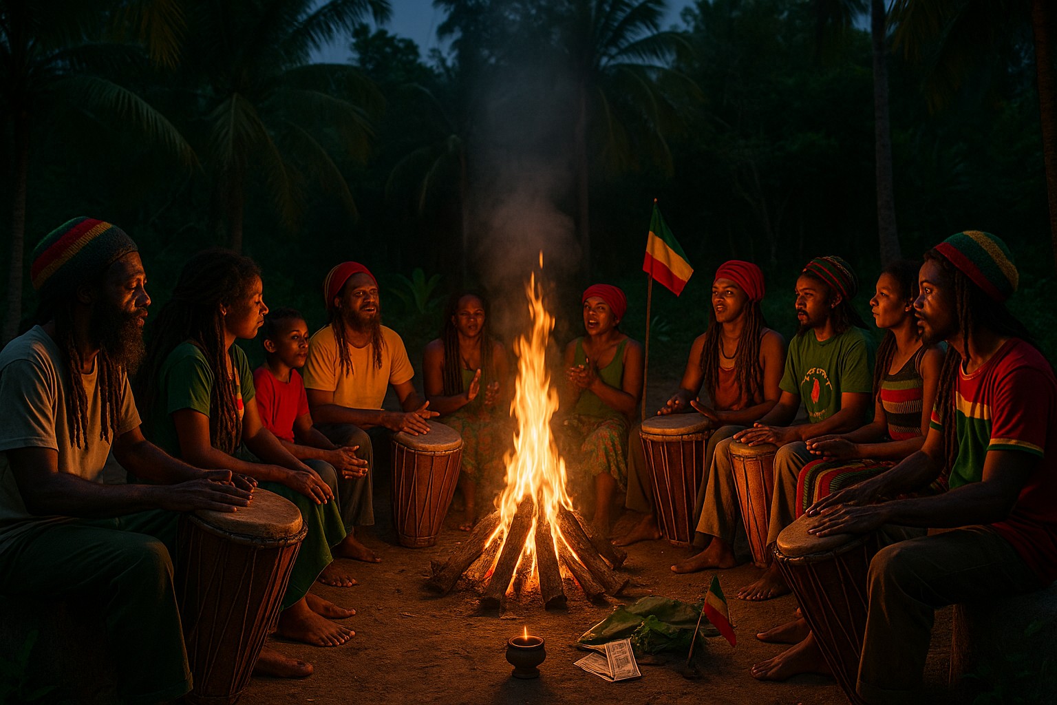 Rastafarians sitzen barfuß im Kreis um ein Feuer in einer tropischen Lichtung, spielen Nyabinghi-Trommeln und tragen Kleidung in Rot, Gelb und Grün.