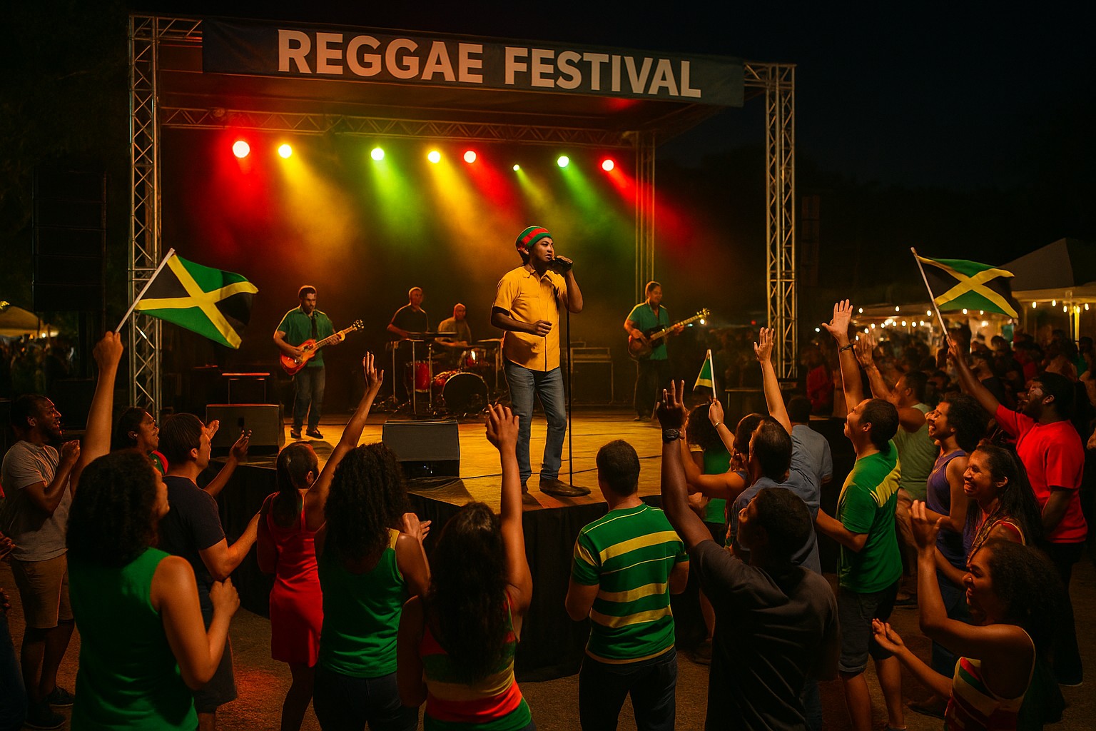 Open-Air-Reggae-Festival in Jamaika bei Nacht, mit einem Sänger auf der Bühne, farbiger Beleuchtung in Rot, Gelb und Grün sowie jubelnden Menschen mit jamaikanischen Fahnen.