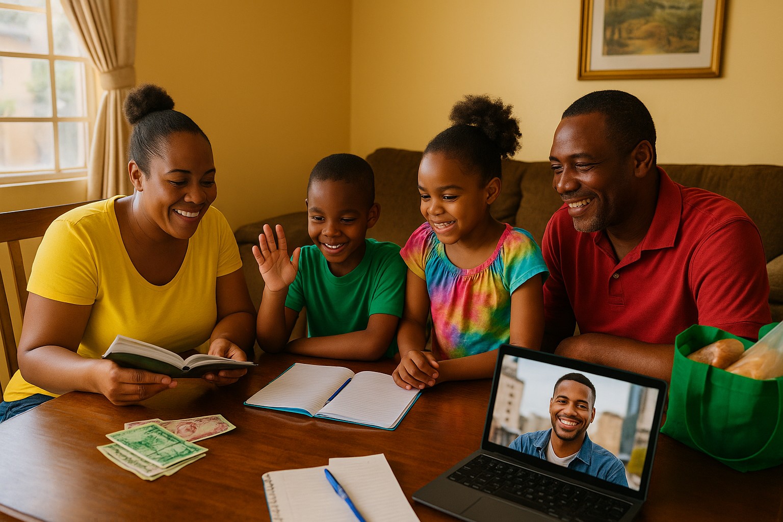 Eine jamaikanische Familie sitzt lachend um einen Holztisch und führt einen Videoanruf mit einem Verwandten im Ausland. Auf dem Tisch liegen Schulhefte, Geldscheine und Einkäufe.