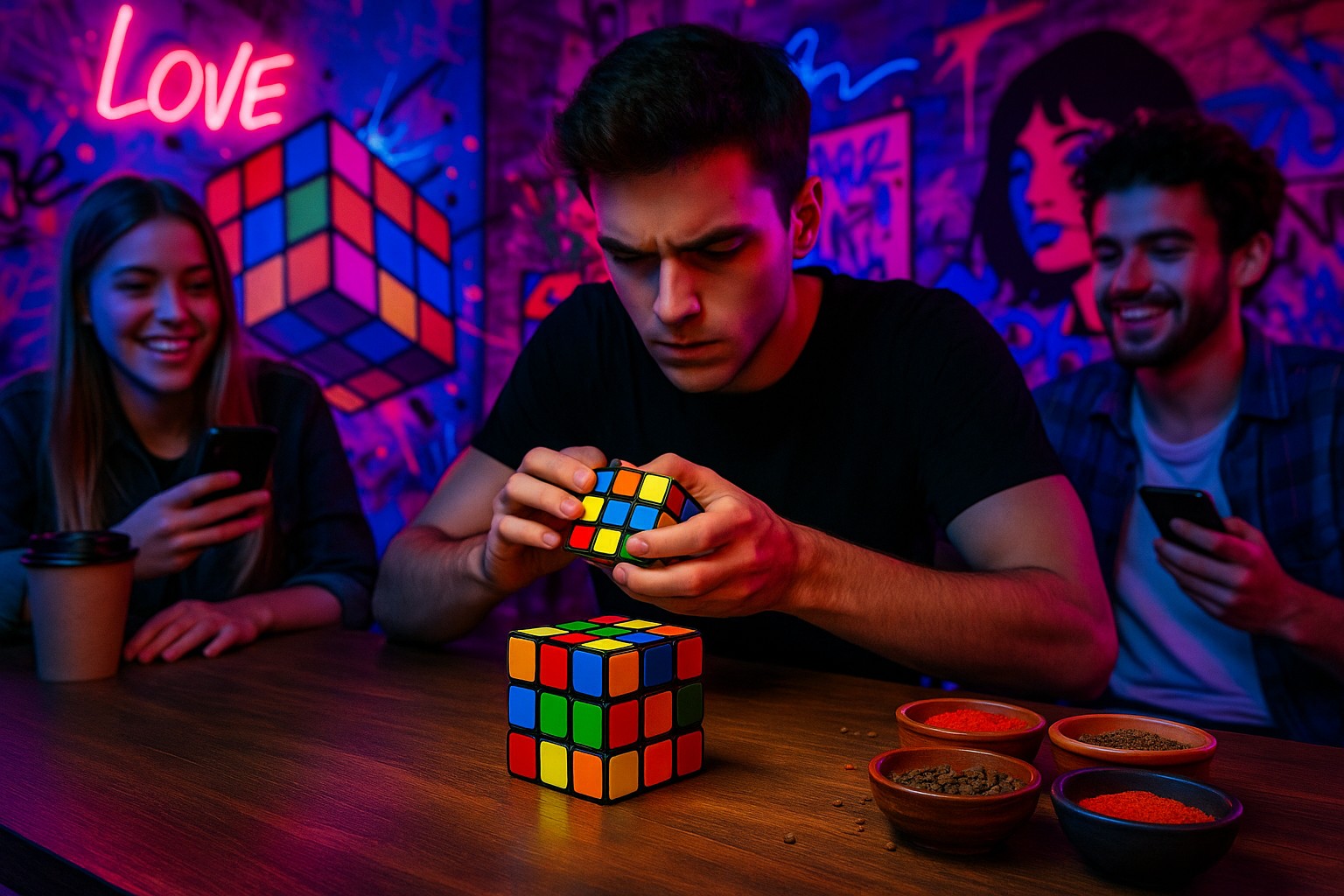 Junge Menschen in einem farbenfrohen Raum mit Graffiti und Neonlichtern, konzentriert auf das Lösen eines Rubik’s Cube auf einem Holztisch.
