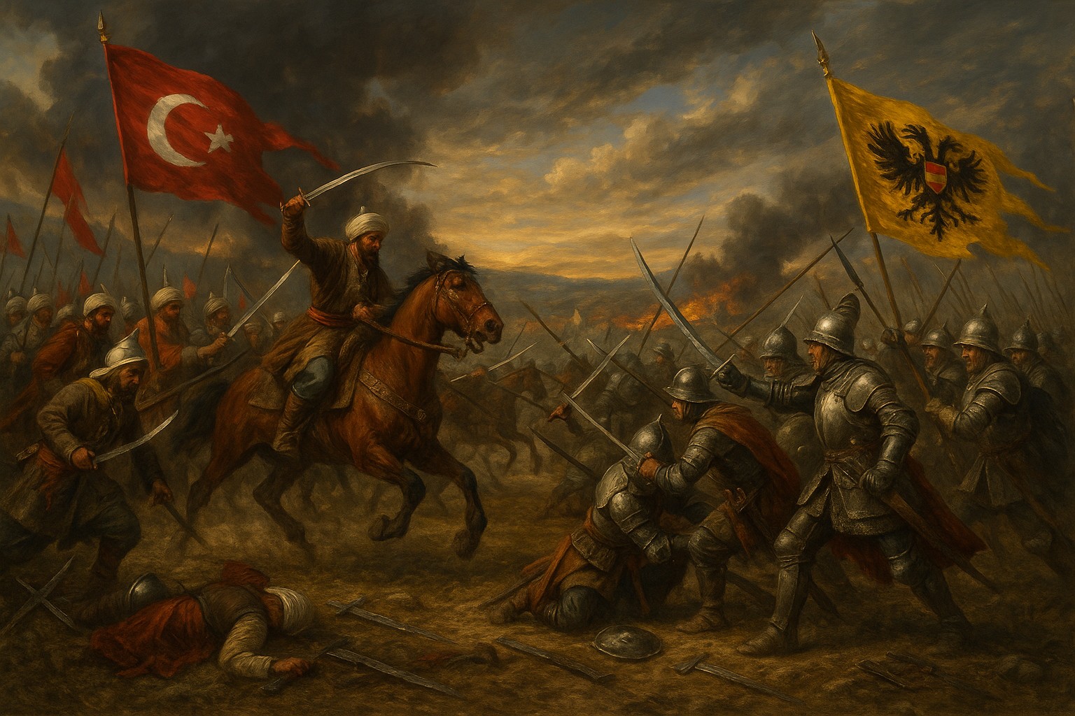 Historische Schlacht zwischen osmanischen und habsburgischen Truppen: Janitscharen mit roten Fahnen und Halbmond kämpfen gegen europäische Soldaten mit Doppelkopf-Adler-Flagge.