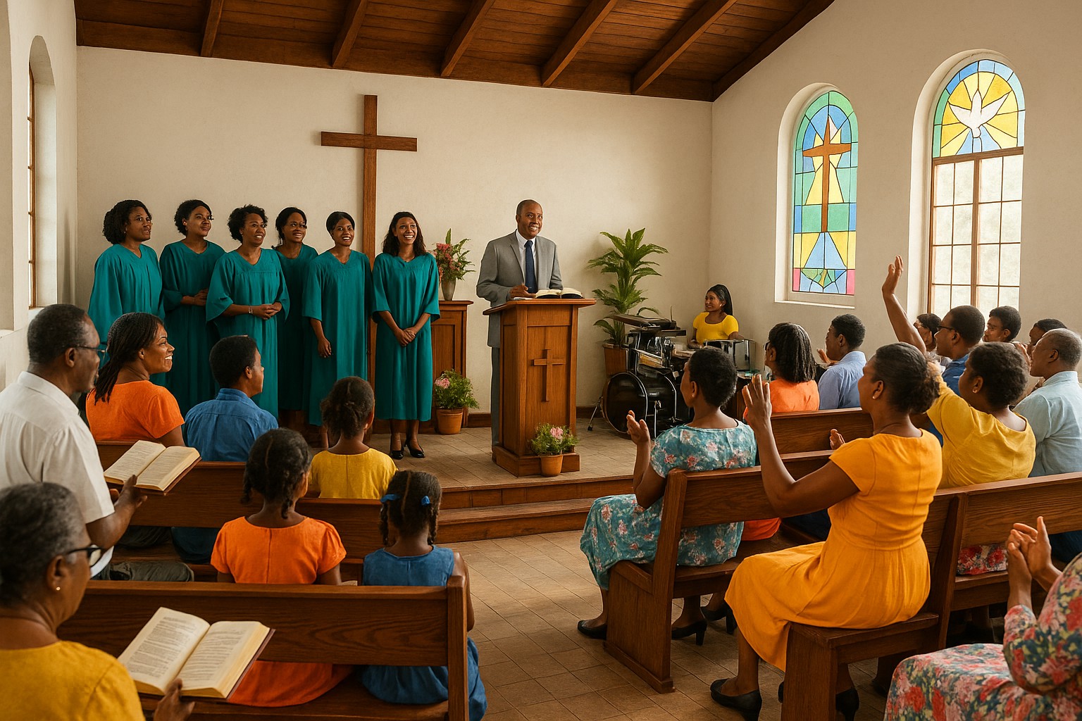 Innenaufnahme einer protestantischen Kirche in Jamaika: Der Pastor predigt vom hölzernen Pult, während ein Chor in grünen Gewändern singt und die Gemeinde in bunten Kleidern klatscht, betet und mitsingt.