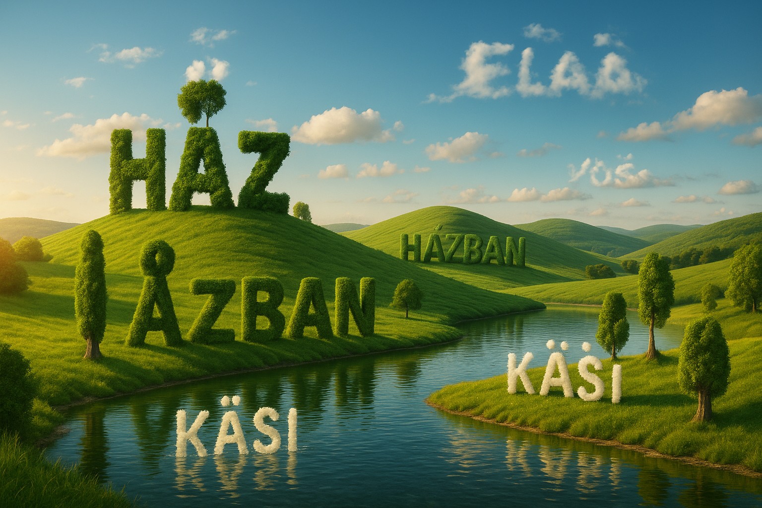 Landschaftliche Szene mit grünen Hügeln, auf denen ungarische Wörter wie „HÁZ“ und „HÁZBAN“ aus Pflanzen geformt sind. Im Wasser spiegeln sich finnische Wörter wie „KÄSI“, während estnische Begriffe in den Wolken erscheinen.