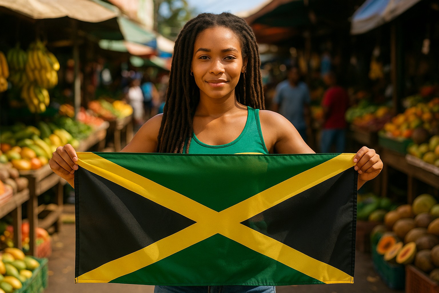 Junge Jamaikanerin mit langen Rastazöpfen hält stolz die Nationalflagge mit beiden Händen auf einem lebhaften Markt.