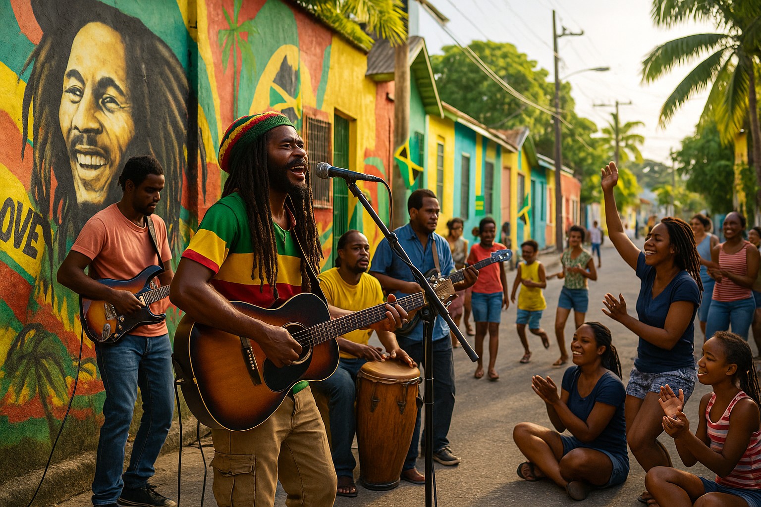 Straßenszene in Kingston, Jamaika: Eine Reggae-Band spielt vor einer farbenfrohen Bob-Marley-Graffiti-Wand, während Menschen auf der Straße tanzen, klatschen und lächeln.