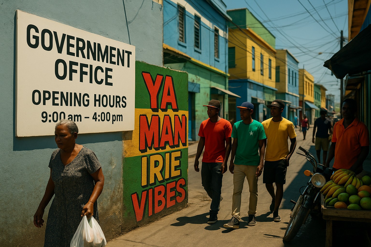 Eine belebte Straße in Kingston, Jamaika, zeigt ein offizielles Schild „Government Office – Opening Hours“ neben einem bunten Graffiti mit den Patois-Ausdrücken „Ya Man“ und „Irie Vibes“. Menschen gehen vorbei, darunter eine ältere Frau mit Einkäufen, junge Männer in farbigen T-Shirts, sowie ein Obststand mit Mangos und Bananen.