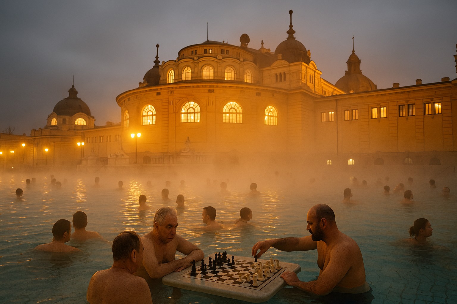Besucher entspannen im Außenbecken des Széchenyi-Bads in Budapest, dichter Dampf steigt in die kalte Winterluft, während einige Männer im Wasser Schach spielen.