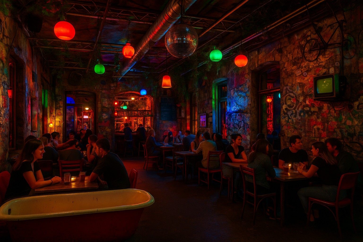 Innenansicht von Szimpla Kert in Budapest: Bunte Lichter, Graffiti-Wände, alte Möbel und eine Badewanne als Sitzgelegenheit schaffen eine chaotische, aber lebendige Atmosphäre.