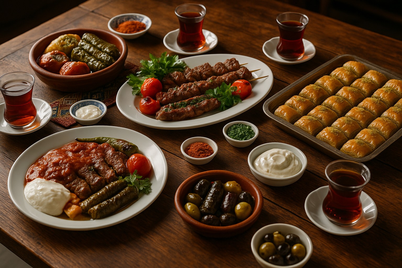 Ein traditionelles türkisches Festmahl mit Şiş Kebab, Iskender Kebab, gefüllten Dolma, Baklava und Gläsern schwarzen Tee, serviert auf einem rustikalen Holztisch mit verschiedenen Beilagen.