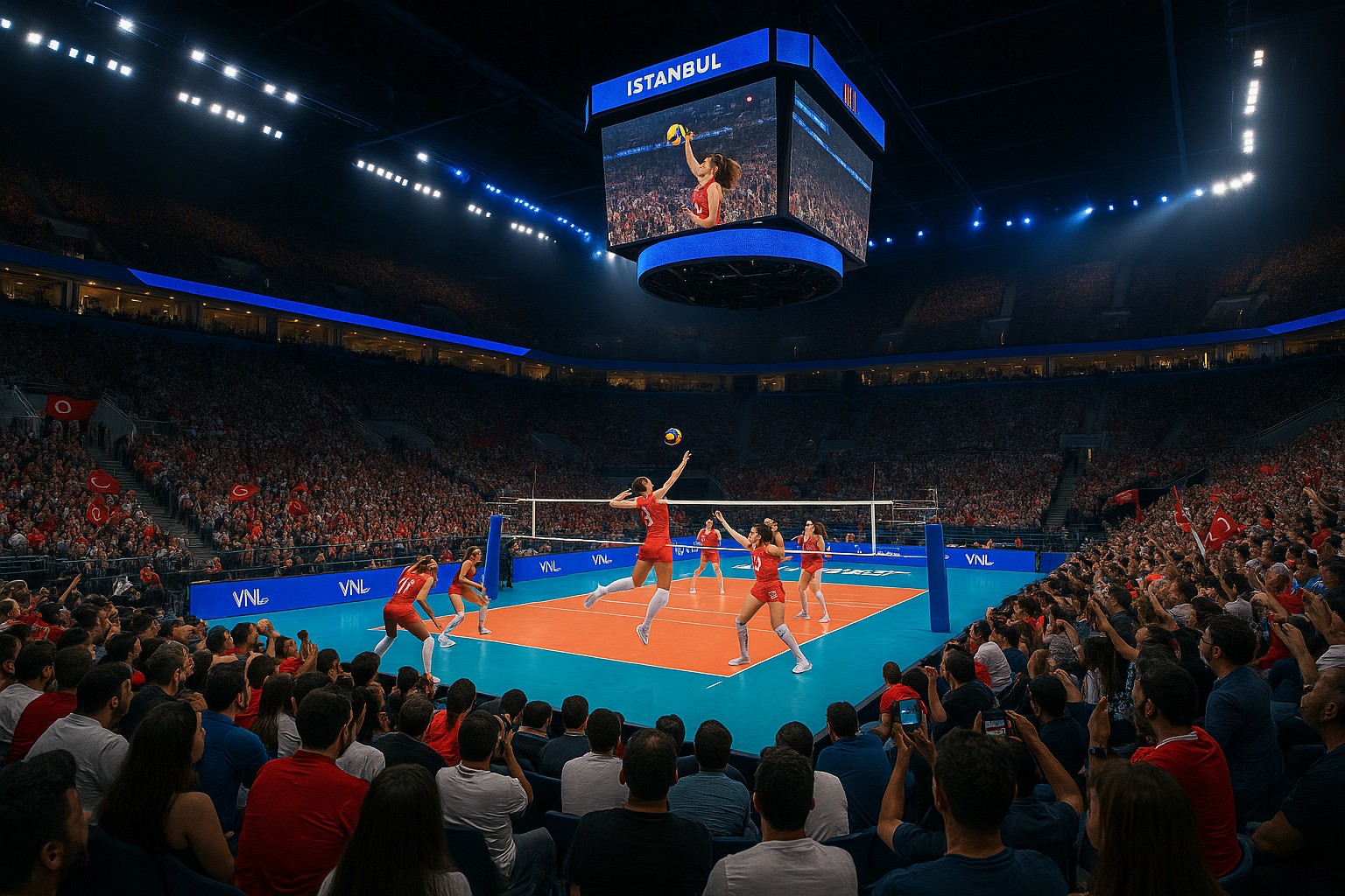 Eine Aufnahme des türkischen Volleyball-Frauen-Nationalteams, das jubelnd auf dem Spielfeld feiert, nachdem es den Europameistertitel 2023 gewonnen hat.