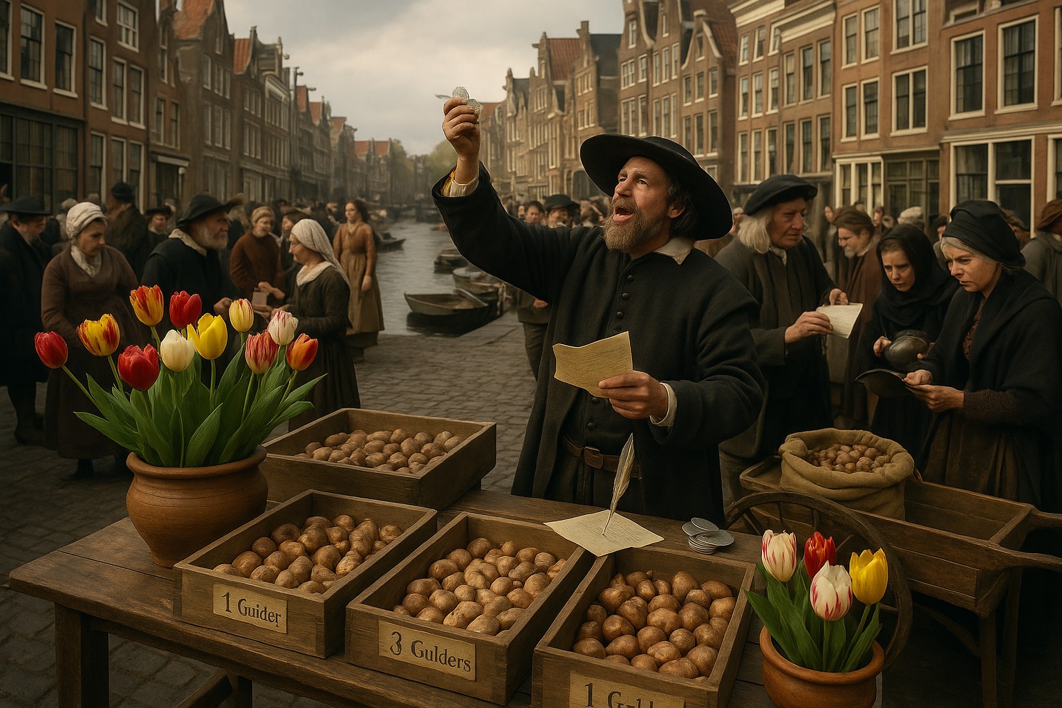 Historische Marktszene in Amsterdam im 17. Jahrhundert mit Händlern, die Tulpenzwiebeln auf Holztischen verkaufen, während Tulpen in Töpfen blühen und Menschen aufgeregt mit Münzen und Verträgen handeln.