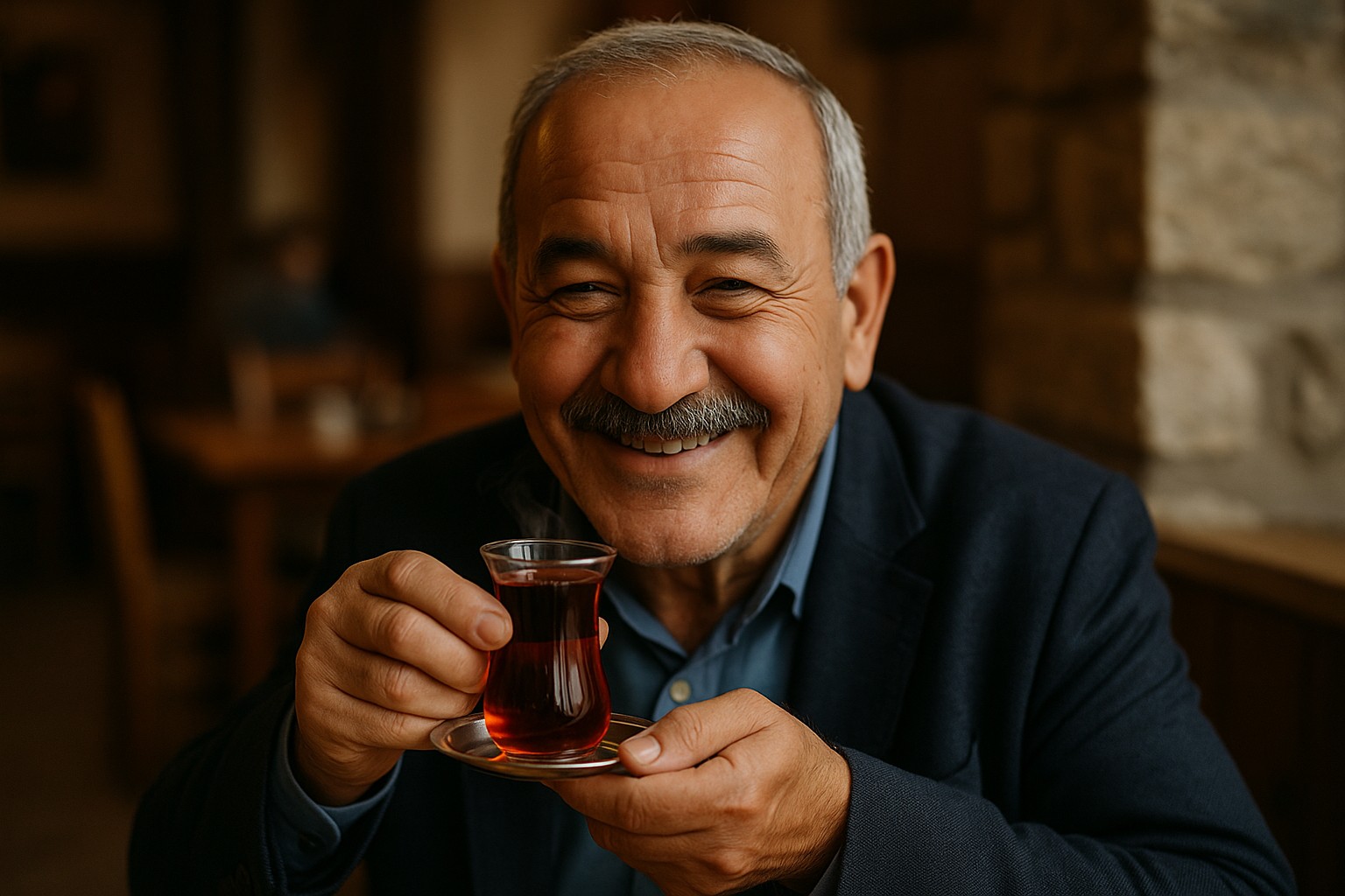 Ein älterer türkischer Mann sitzt in einem Café und hält ein traditionelles Teeglas mit dampfendem schwarzem Tee, während er warm lächelt.