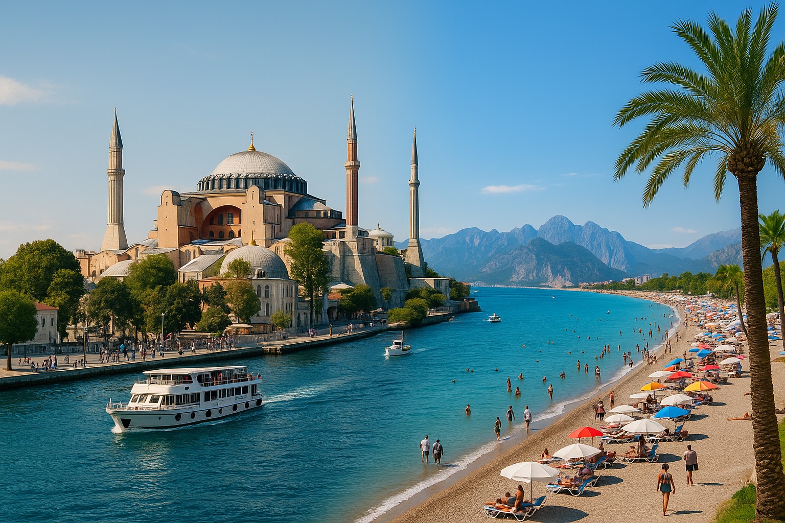 Ein digitales Panorama zeigt die touristische Vielfalt der Türkei: links die Hagia Sophia in Istanbul am Ufer des Bosporus mit vorbeifahrendem Ausflugsboot, rechts der sonnige Strand von Antalya mit Sonnenschirmen, Badegästen und dem Mittelmeer vor einer Bergkulisse.